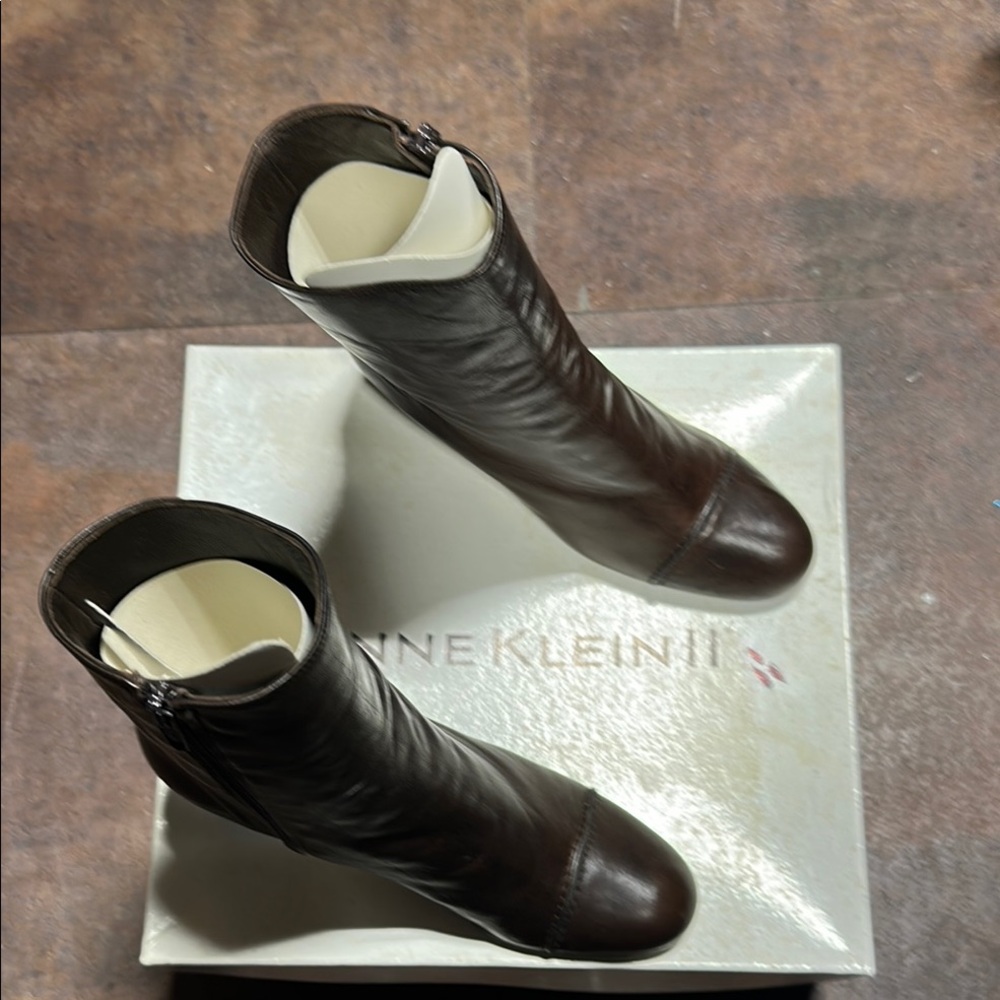 Anne Klein Dark Brown Leather Ankle Boots